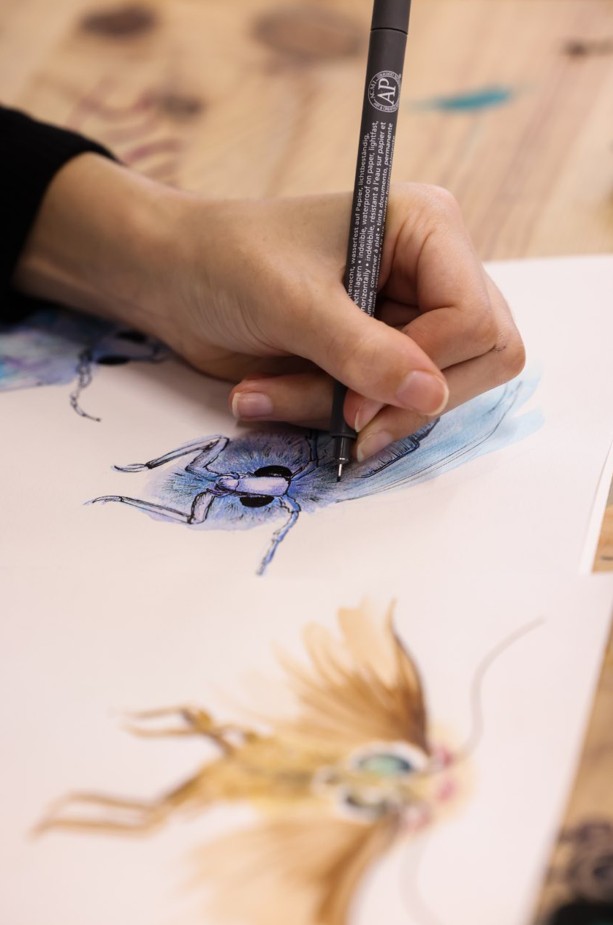 Étudiant en train de dessiner des insectes à l’ESMA Nantes