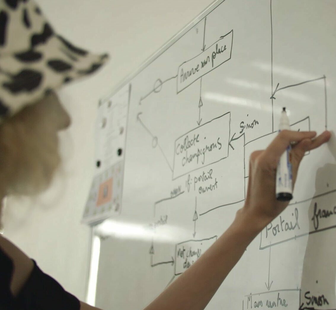 Student creating a design flow chart on a whiteboard.