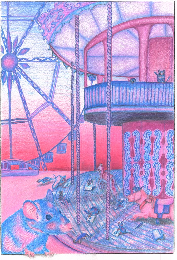Illustration préparatoire d’un manège avec des souris colorées en premier plan.