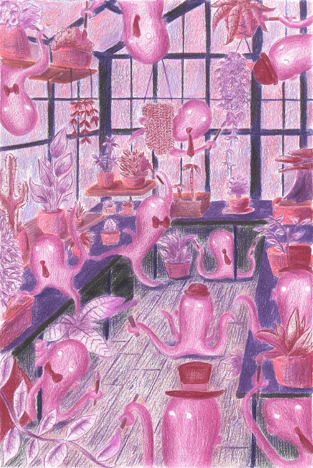 Projet préparatoire d’étudiant représentant une scène imaginative peuplée de fantômes.