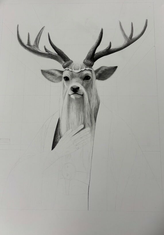 Dessin préparatoire représentant un cerf anthropomorphe en tenue traditionnelle.
