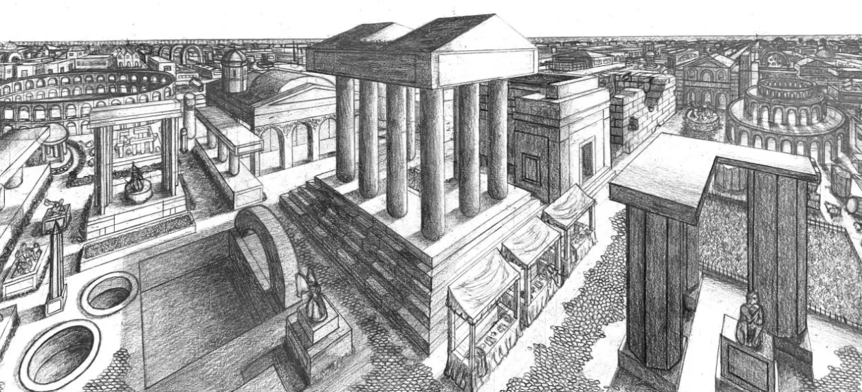 Dessin en perspective d’un projet architectural antique réalisé par un étudiant en Architecture d’Intérieur à l’ESMA